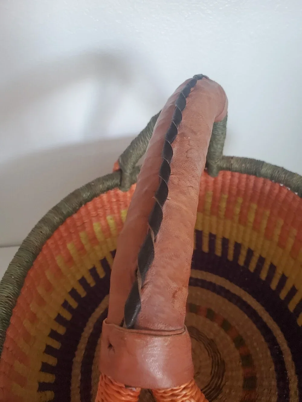 Large Colorful Basket Leather Handle Home Decor Boho Farmhouse Coastal Western